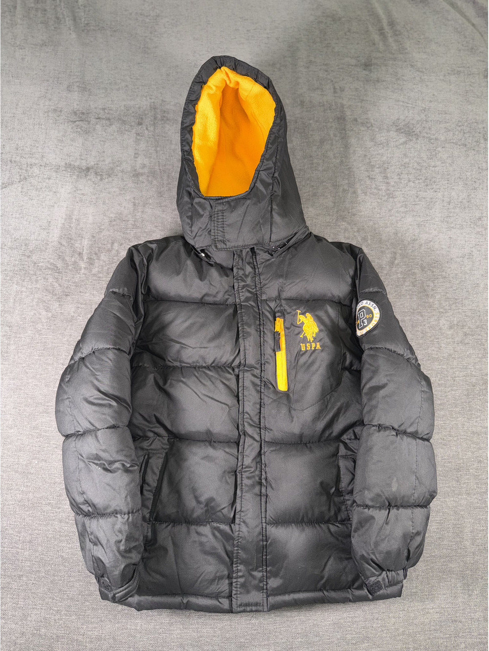 U.S. Polo Assn. Black and Yellow Puffer Jacket with Hood, Medium (10-12)